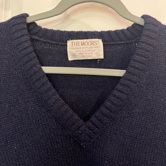 100% Shetland Wool THE MOORS Sweater by Lord Jeff Vintage 80’s Sz L Navy Blue - Picture 5 of 14
